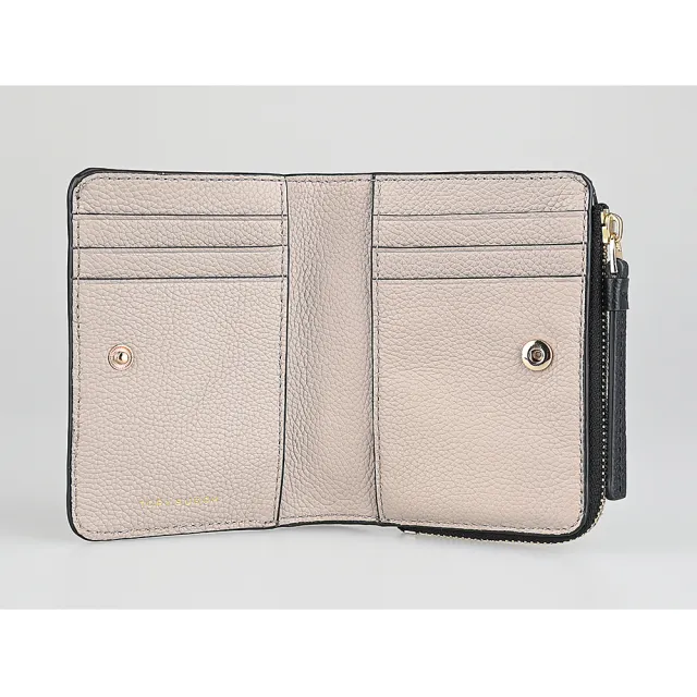 【TORY BURCH】TORY BURCH Mcgraw皮革雙T字LOGO荔枝紋小牛皮內外撞色設計6卡壓釦式拉鍊零錢短夾(黑)