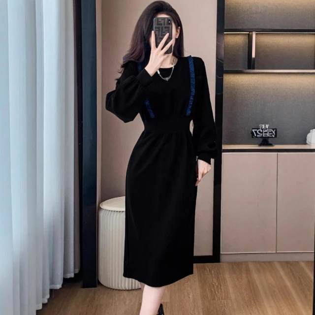 米蘭精品米蘭精品 洋裝長袖連身裙(洋氣設計感撞色荷葉邊收腰過膝赫本風女裙子74ji11)