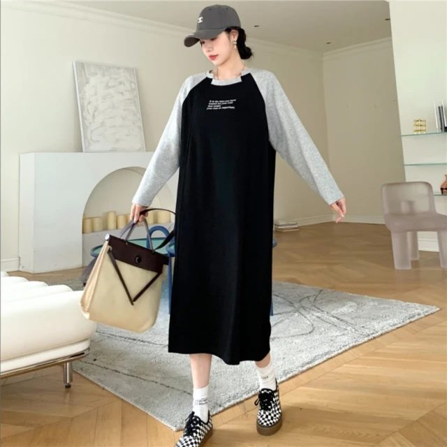 米蘭精品 洋裝長袖連身裙(大碼長袖氣質秋裝過膝寬鬆女裙子74