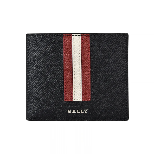 BALLY BALLY TONETT金屬LOGO牛皮紅白條紋設計5卡短夾(黑)