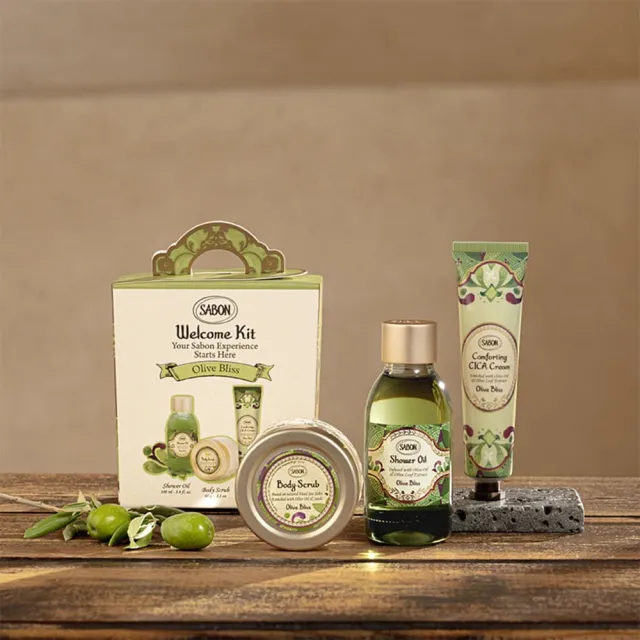 【SABON】官方直營 盛宴橄欖明星三部曲推薦組(沐浴油100ml+身體磨砂膏60g+積雪草修護霜30ml)