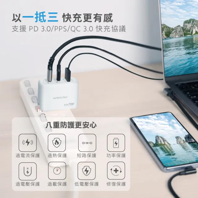 【WONDER 旺德】70W GaN氮化鎵極速智能充電器 WA-A16TS3