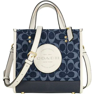 【COACH】Dempsey Tote 22 藍x白皮革圓標LOGO香布蕾織紋布小款手提斜背方型包