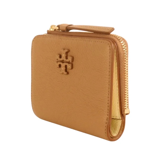 【TORY BURCH】立體皮雕TB 皮革拉鍊暗釦短夾(淺駝)