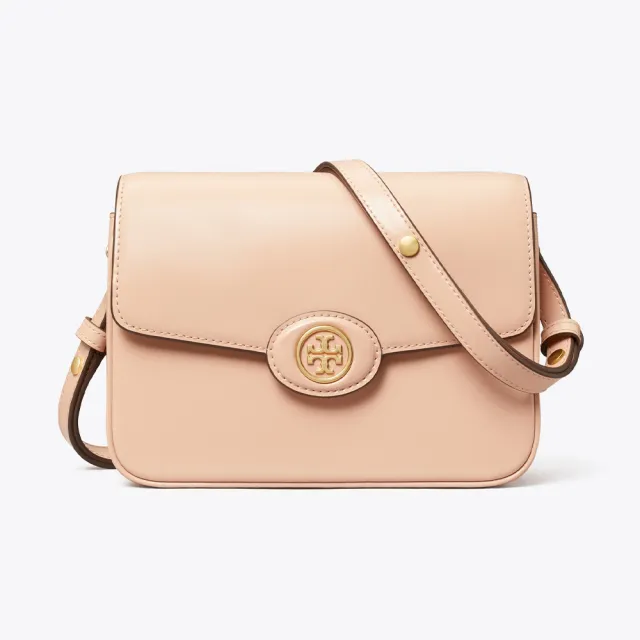 【TORY BURCH】專櫃經典款 漆皮翻蓋簡約經典雙T LOGO斜背包/側背包 粉紅色(附原廠防塵袋)