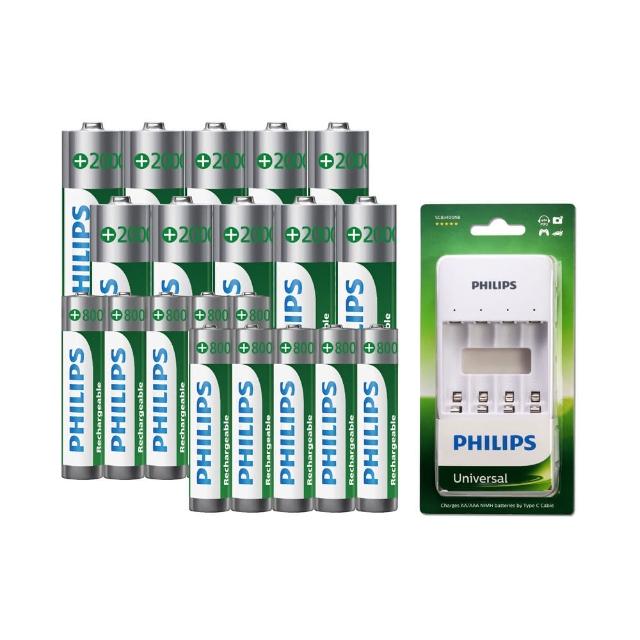 【Philips 飛利浦】低自放鎳氫充電電池3號10入+4號10入(贈USB 4槽智慧型充電器)