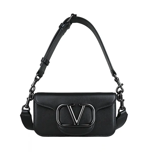 【VALENTINO 范倫鐵諾】VALENTINO GARAVANI LOCO簍空立體黑字LOGO設計小牛皮磁扣肩背斜背包(黑)