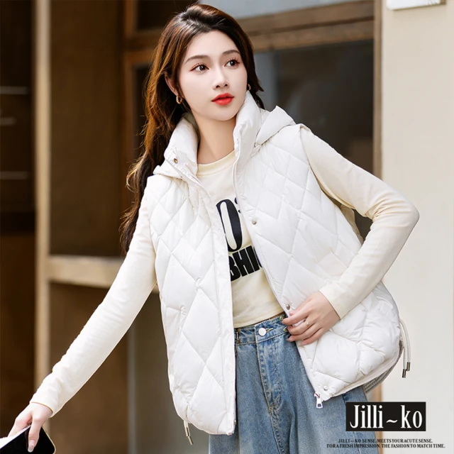 JILLI-KO 漸層菱格羽絨棉馬甲坎肩背心-L/XL(黑/白/卡/咖)