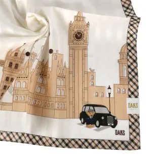 【DAKS】泰迪熊系列倫敦景色斜格紋純綿帕領巾(卡其色)