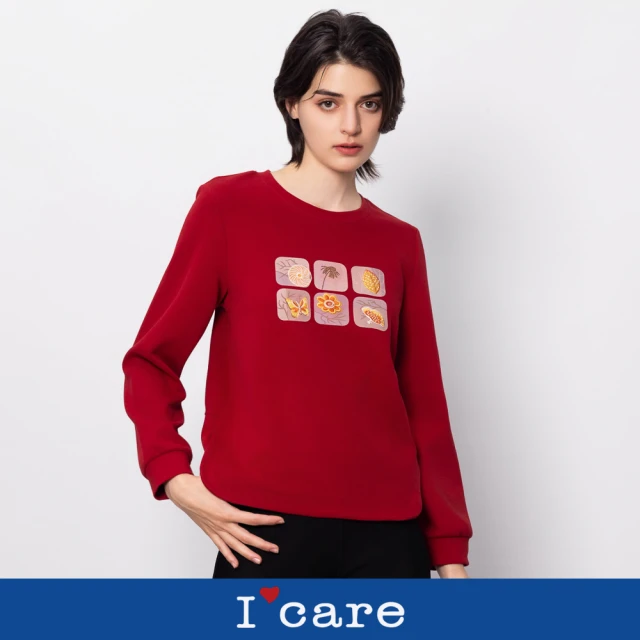 I’Care 依卡 現貨-刺繡小方格 開運紅色T恤（M-L）｜女大學T 女休閒上衣 過年穿搭(510-11611)