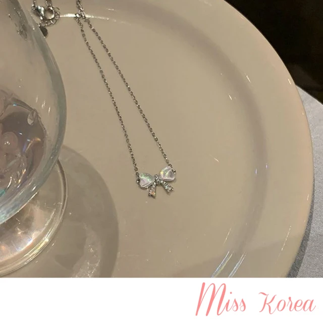 MISS KOREAMISS KOREA 韓國設計細緻貓眼石美鑽蝴蝶結造型項鍊(美鑽項鍊 蝴蝶結項鍊)