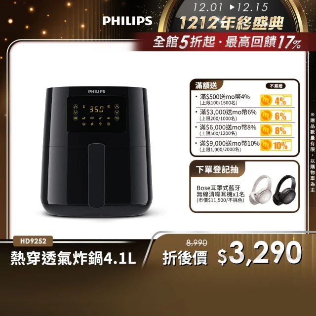 Philips 飛利浦Philips 飛利浦 熱穿透氣旋數位小黑健康氣炸鍋4.1L(HD9252/91)