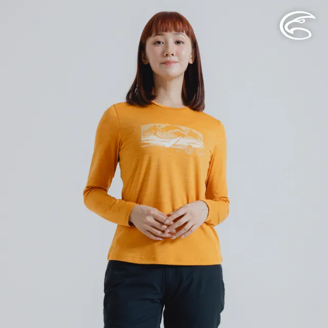 【ADISI】女圓領圖騰雲彩紗透氣快乾保暖上衣 AL2421037 杏黃 S-2XL(磨毛 輕量 排汗 速乾 彈性)