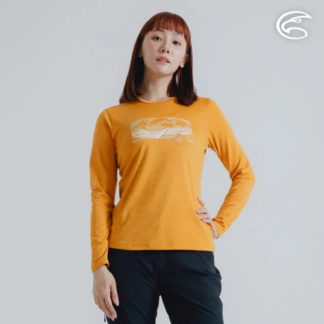 【ADISI】女圓領圖騰雲彩紗透氣快乾保暖上衣 AL2421037 杏黃 S-2XL(磨毛 輕量 排汗 速乾 彈性)