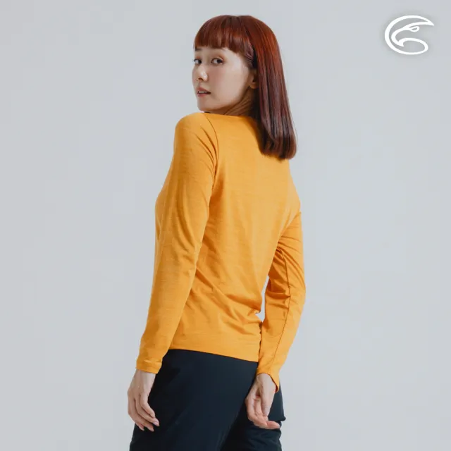 【ADISI】女圓領圖騰雲彩紗透氣快乾保暖上衣 AL2421037 杏黃 S-2XL(磨毛 輕量 排汗 速乾 彈性)