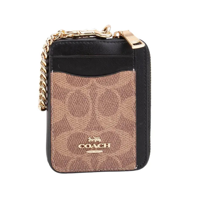 【COACH】滿版LOGO拼接皮革方型卡夾拉鍊鍊帶零錢包(卡其/黑)