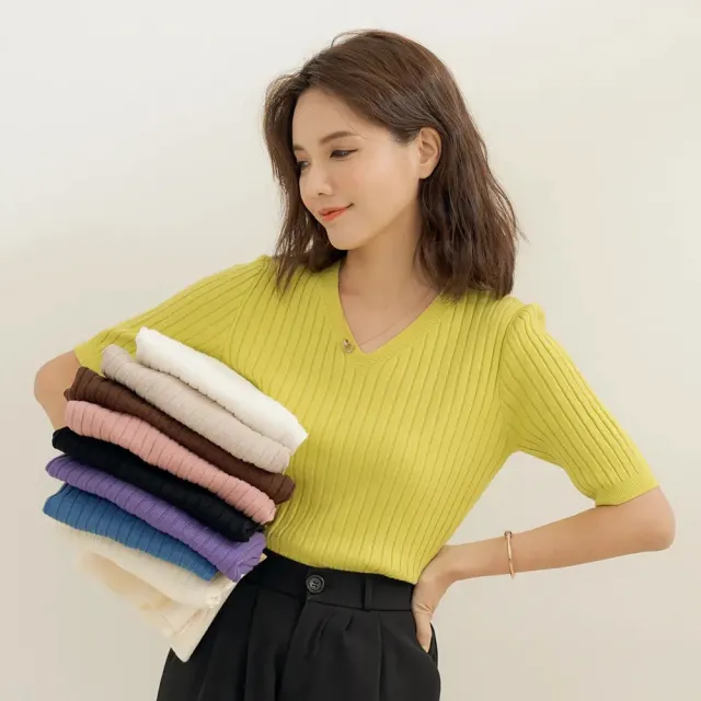 【MYDRESS】經典羅紋V領素面針織上衣