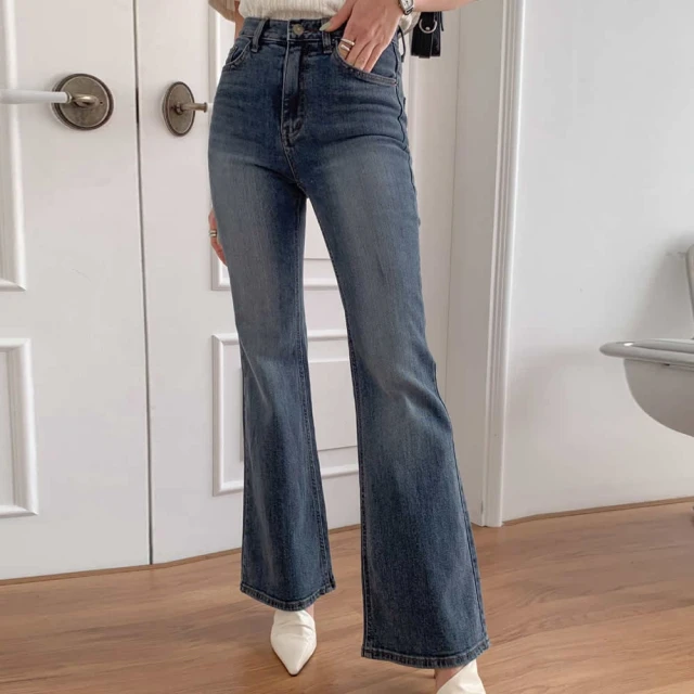 創翊韓都 正韓牛仔褲 貓刷彈性牛仔直筒長褲DOB0307-創