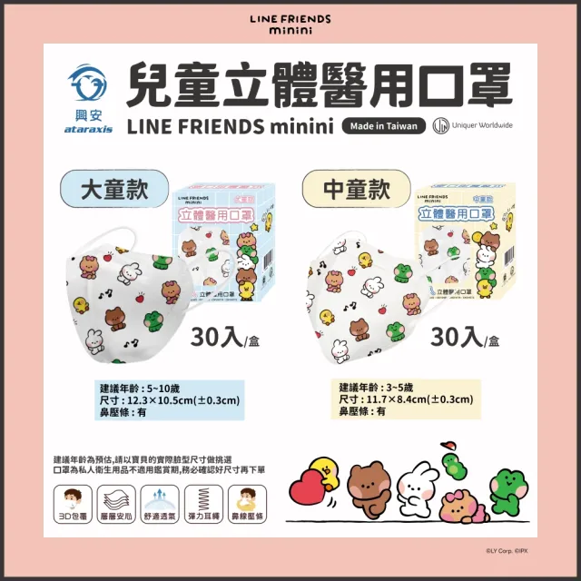【ataraxis 興安】兒童3D立體醫用口罩-LINE FRIENDS minini款4盒組(中童口罩｜大童口罩｜30入/盒)