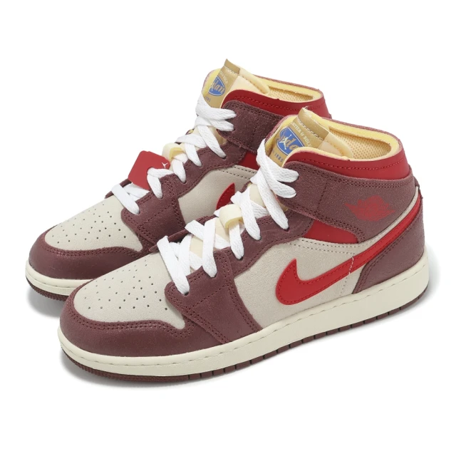 NIKE 耐吉 休閒鞋 Air Jordan 1 Mid SE GS 大童 女鞋 酒紅 麵包袋 奶油吐司 AJ1(HF3196-100)