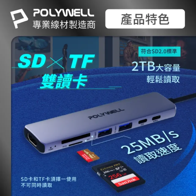 【POLYWELL】Type-C七合一集線器 HUB 100W PD快充 5G HDMI SD TF