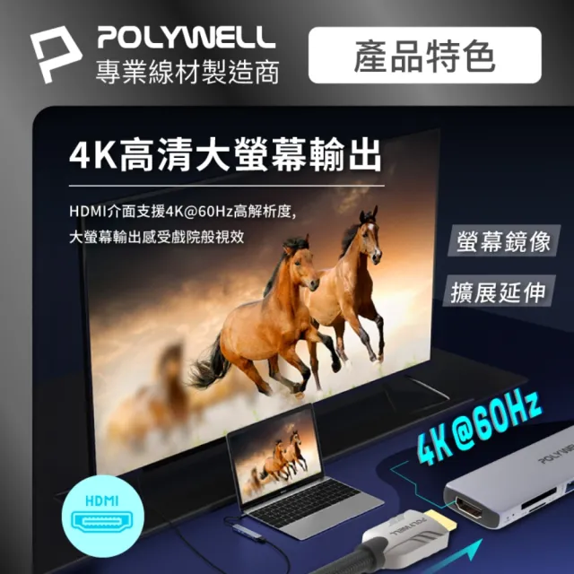 【POLYWELL】Type-C七合一集線器 HUB 100W PD快充 5G HDMI SD TF