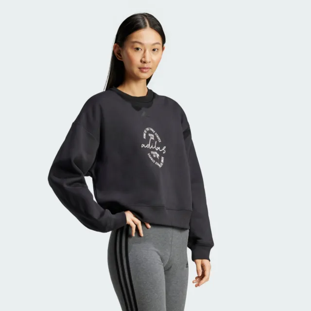 【adidas 愛迪達】W BLUV Q3 SWT 女 長袖上衣 休閒長袖 落肩 舒適 穿搭 黑(IY1458)