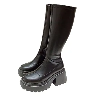 【amai】時尚辣妹必備長腿輕量厚底長靴 高筒靴 瘦瘦靴 長筒靴 長靴 粗跟 英倫風 大尺碼 L-2427BK(黑色)