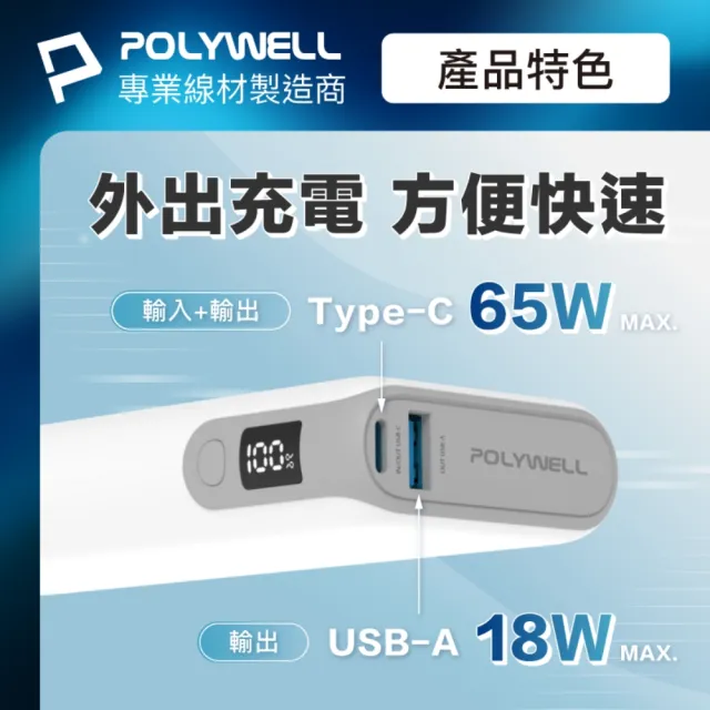 【POLYWELL】DL202P 19200mAh 65W大功率行動電源 2孔輸出(USB-A/Type-C充電)