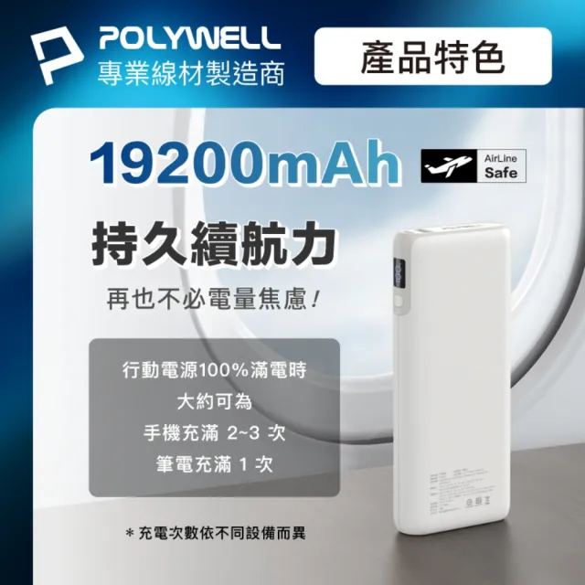【POLYWELL】DL202P 19200mAh 65W大功率行動電源 2孔輸出(USB-A/Type-C充電)