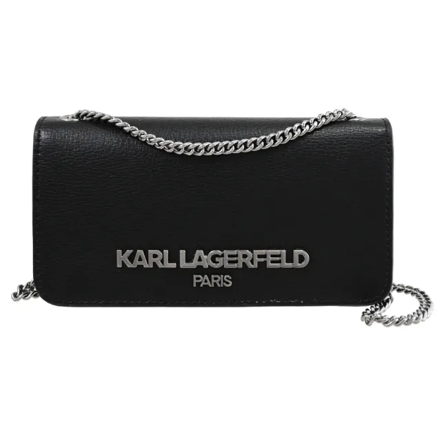 【KARL LAGERFELD 卡爾】金屬LOGO素雅三用肩斜晚宴包小包鍊包(黑)