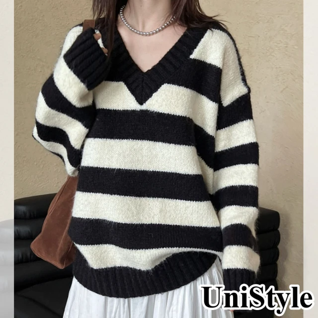UniStyle 條紋長袖毛衣 韓版V領撞色慵懶風上衣 女 