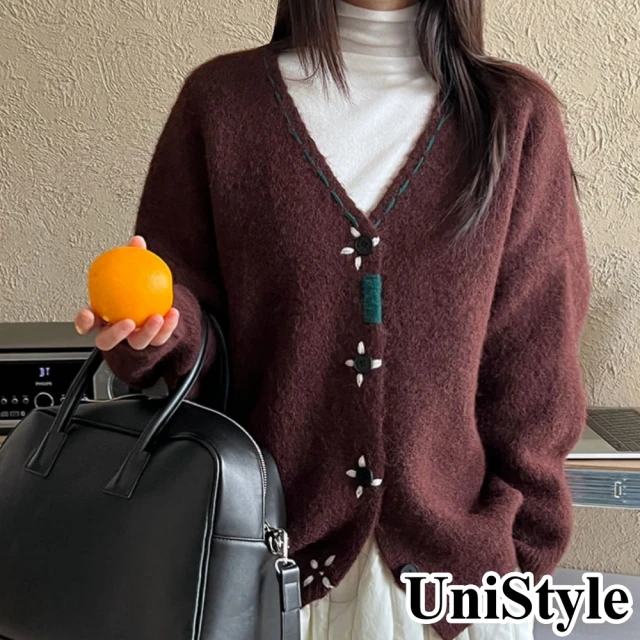 UniStyle 長袖毛衣外套 韓版V領鈎花軟糯百搭針織上衣 女 UVss677(咖)