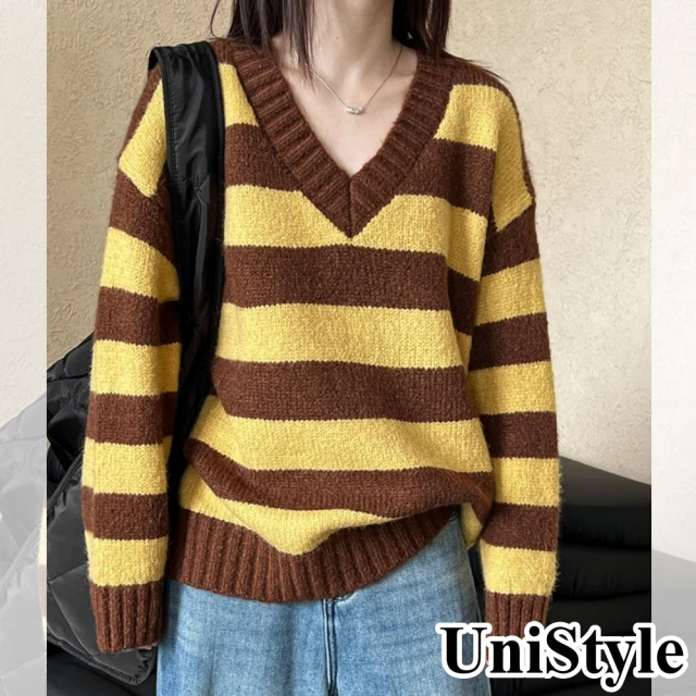 UniStyle 圓領長袖毛衣 韓版撞色條紋上衣 女 WTF
