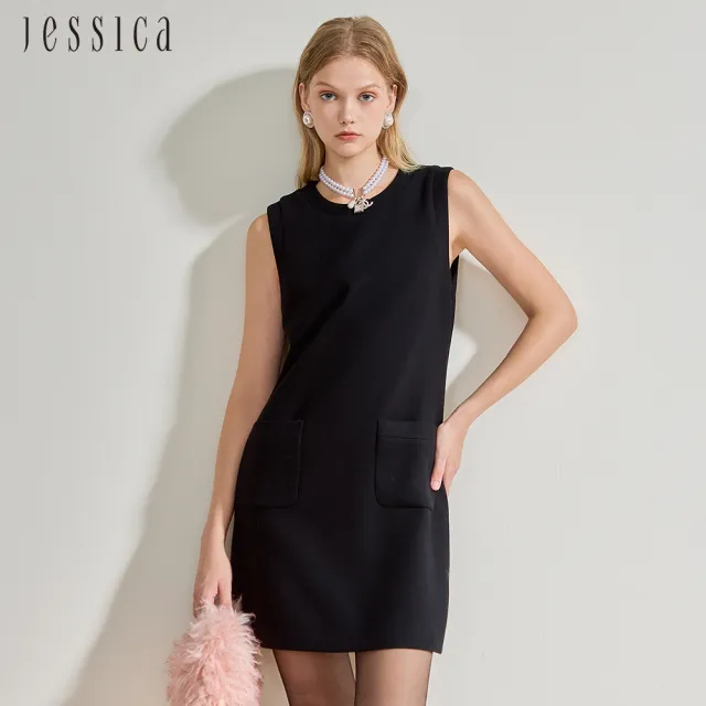 【JESSICA】氣質小香風圓領素色口袋羊毛無袖洋裝(黑)J44705