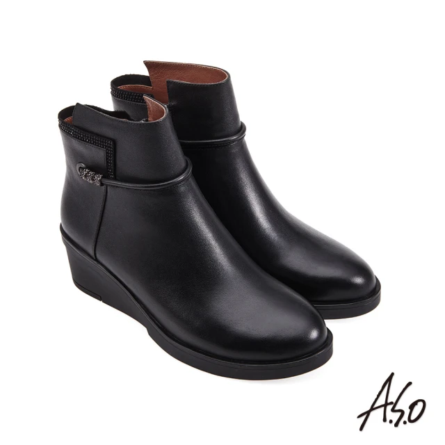 A.S.O 阿瘦集團 A.S.O奈米循環 健康暖心皮繩鑽飾圓楦楔型全真皮短靴(黑)