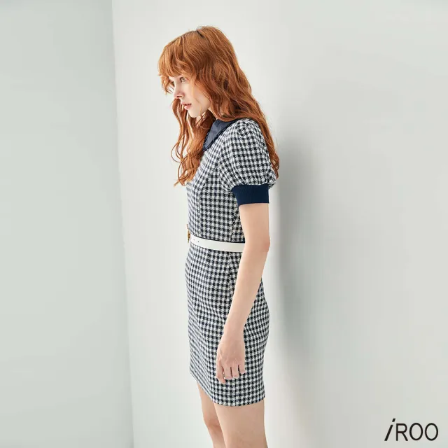 【iROO】棋盤藍格紋短洋裝