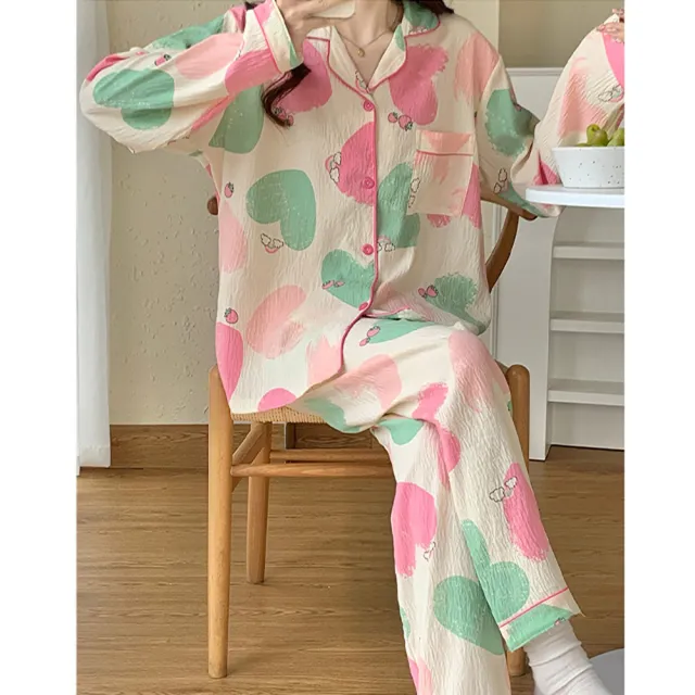 【K.W.】現貨春季新品棉稠愛心多巴胺炫彩休閒家居服套裝(中大尺碼/韓國空運)