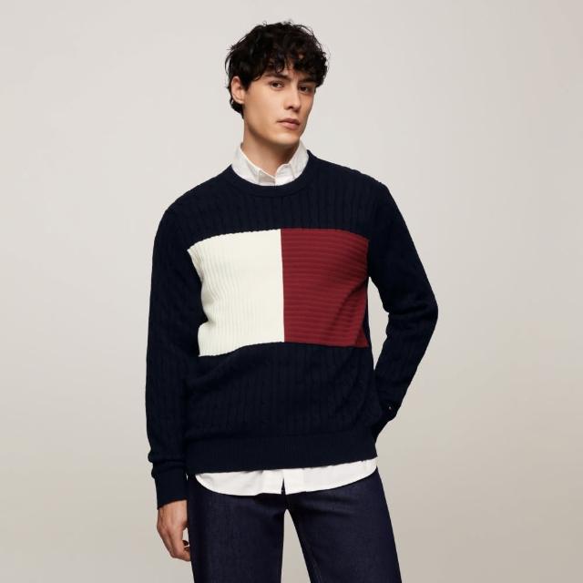 【TOMMY HILFIGER】官方旗艦館 絞花針織旗幟毛衣_藍色