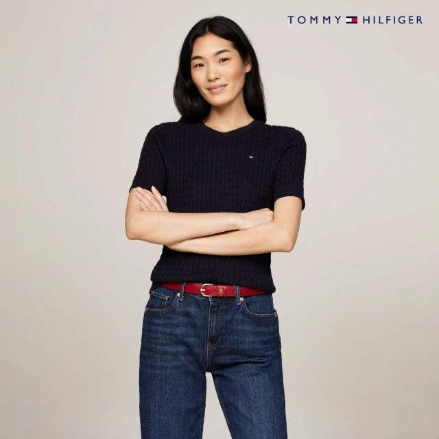 Tommy Hilfiger 官方旗艦館 條紋修身短袖毛衣_藍色