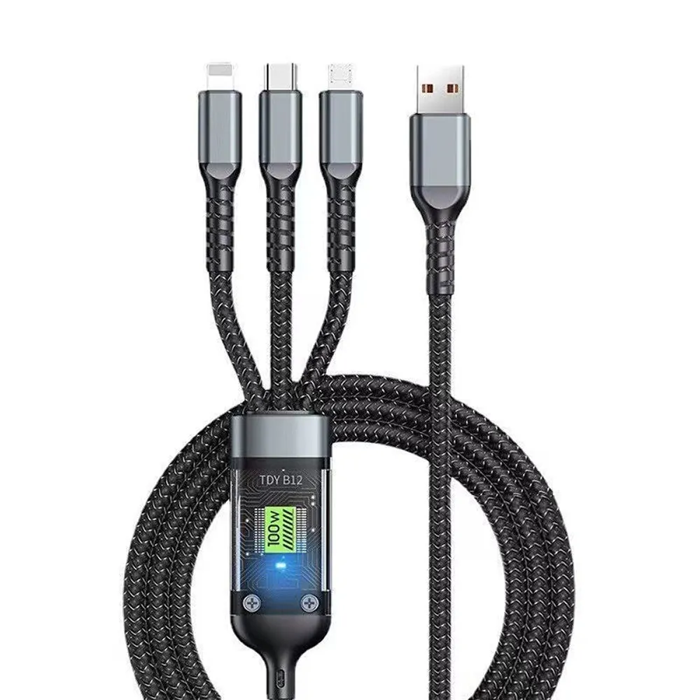 【YORI優里】100W一拖三充電線(透明指示燈充電線 蘋果16可用 蘋果/Type-C/舊安卓Micro)