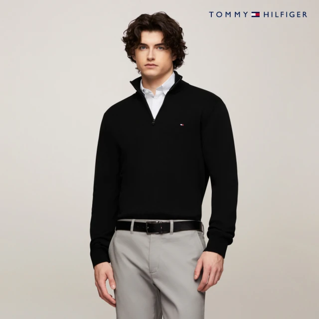 Tommy Hilfiger 官方旗艦館 半拉鍊小高領毛衣_黑色