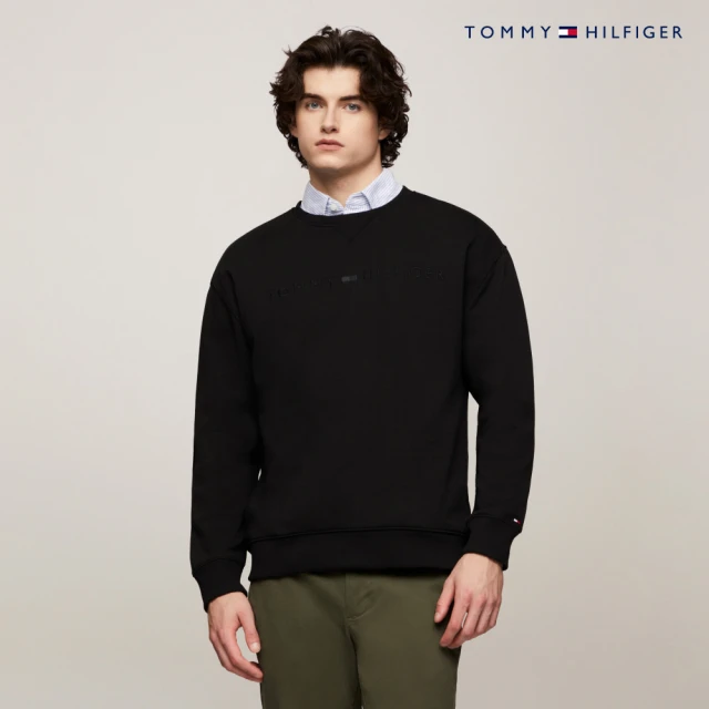 Tommy Hilfiger 官方旗艦館 同色Logo刺繡大學T_黑色