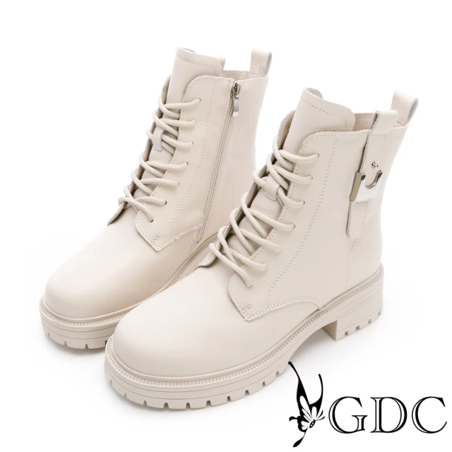 GDC 低調側釦飾牛皮綁帶帥氣中筒軍靴-黑(428609-0