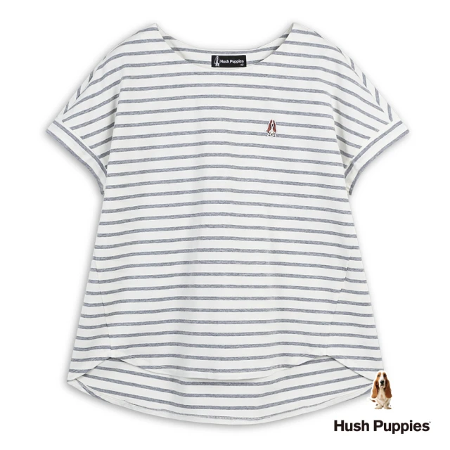 Hush Puppies 女裝 上衣 簡約橫條紋船型領刺繡小狗上衣(麻灰 / 53210102)