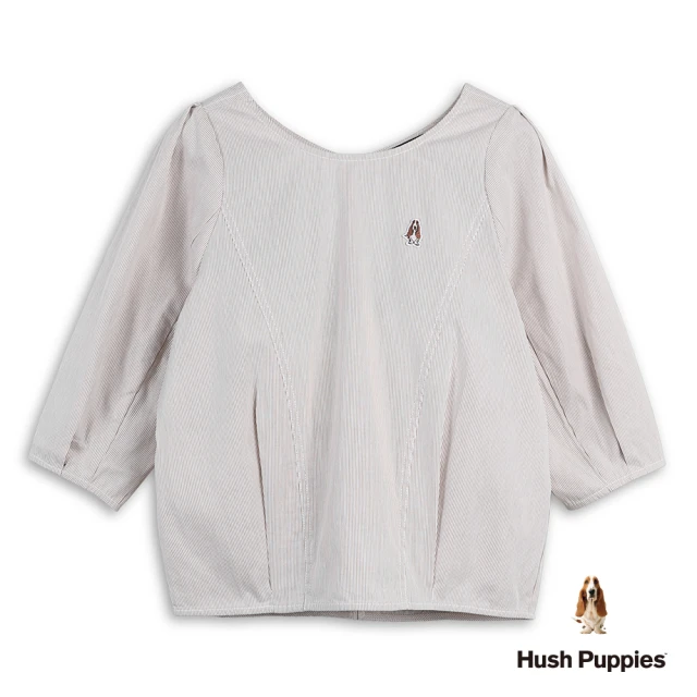 Hush Puppies 女裝 上衣 細直條紋澎澎袖刺繡小狗上衣(卡其 / 53210104)