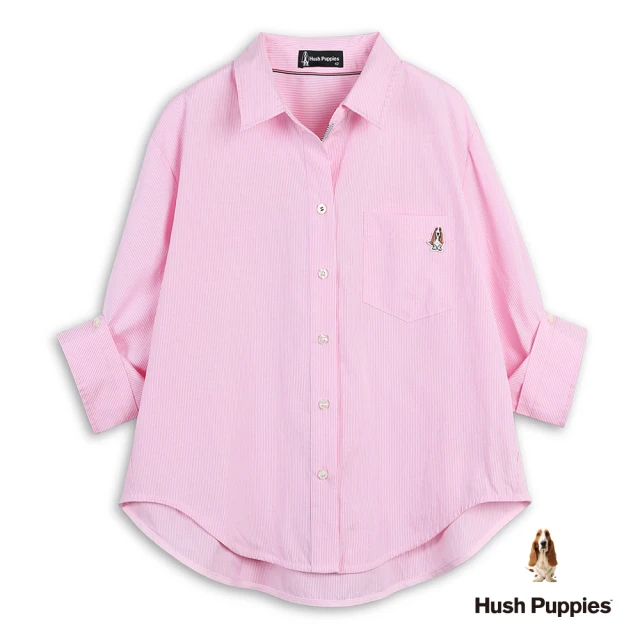 Hush Puppies 女裝 襯衫 知性細條紋開襟七分袖襯衫(粉紅 / 53212103)