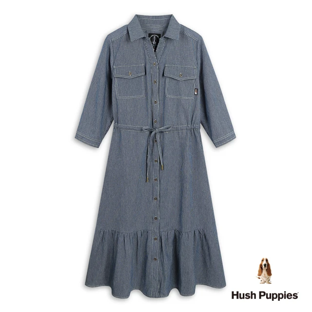 Hush Puppies 女裝 洋裝 直條紋開襟七分袖牛仔洋裝(深藍 / 53215106)