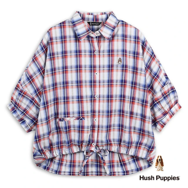 Hush Puppies 女裝 襯衫 經典配色格紋寬鬆剪裁後褶襯衫(紅藍格紋 / 53212106)