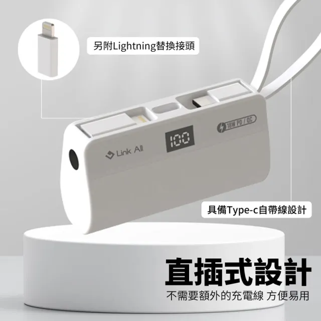 【Link All】【可登機】PB5000 口袋行動電源 5000mah 台灣製造 行動電源(具wh標示 自帶線 台製品)